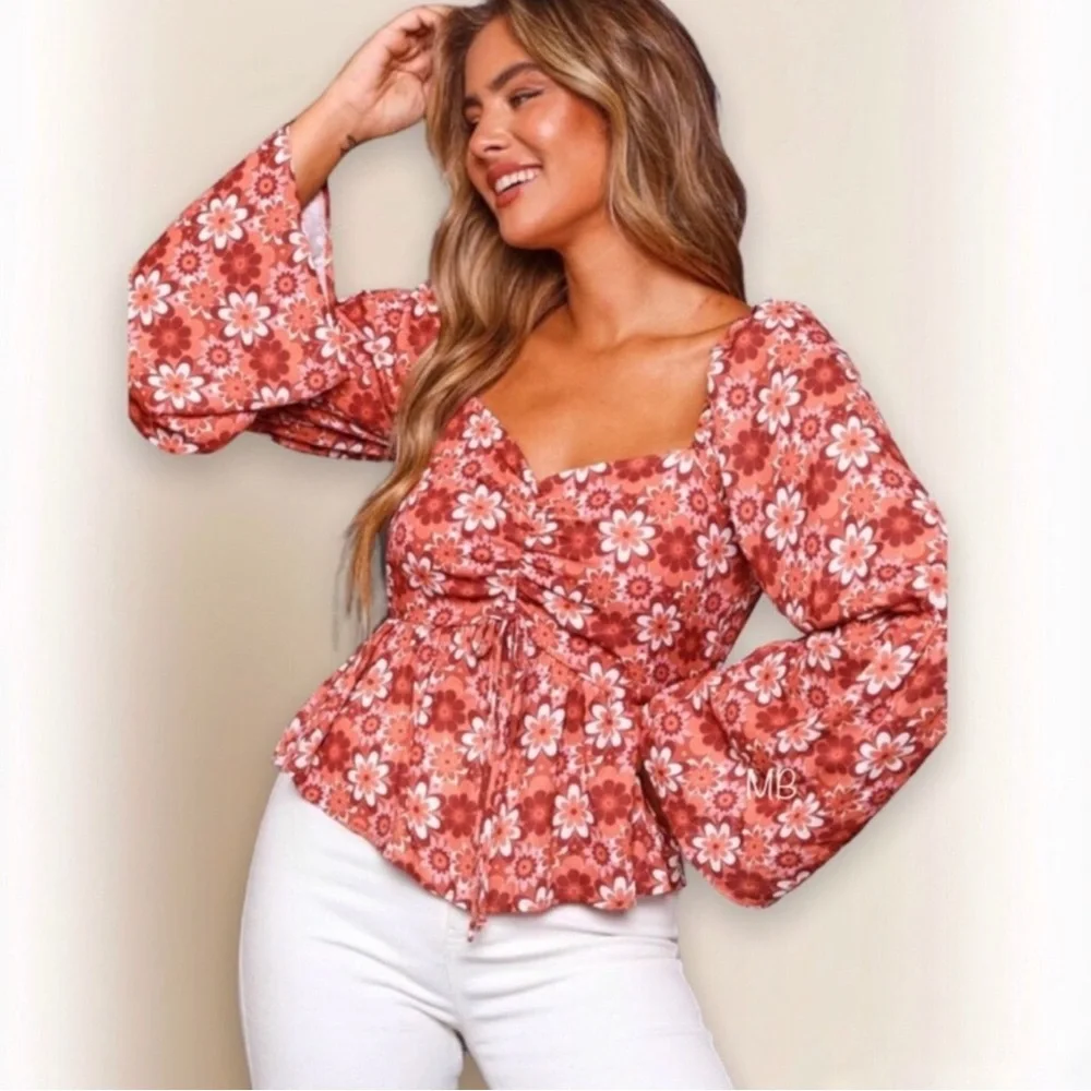 Red Floral Corset Peplum Blouse